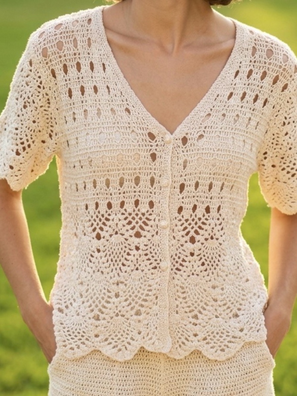 Openwork Crochet V-Neck Cardigan - Cream